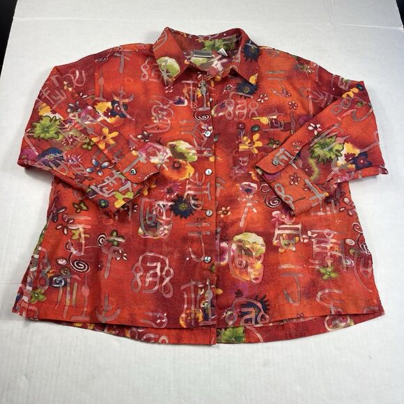 Chicos Art To Wear Button Down Shirt 3/4 Sleeve Eclectic Casual Boho Top 2 LARGE - Picture 1 of 11